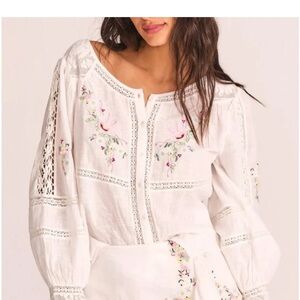 LoveShackFancy Leila Floral hand Embroidered Cream Blouse M feminine chic
